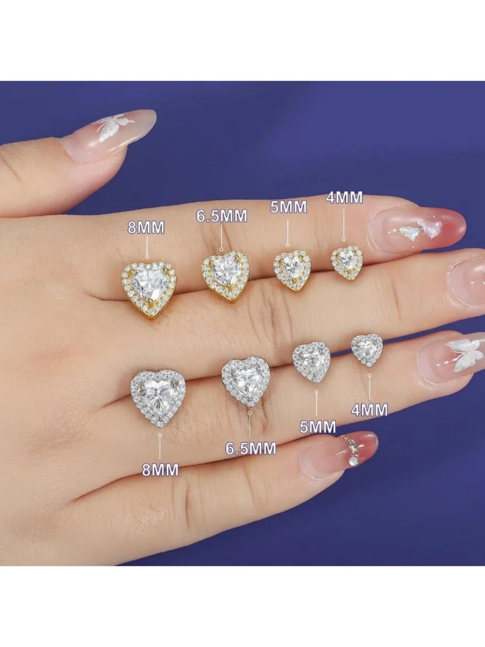 Elegant Moissanite Heart Stud Earrings, 18K White Gold Plated, Screw Back